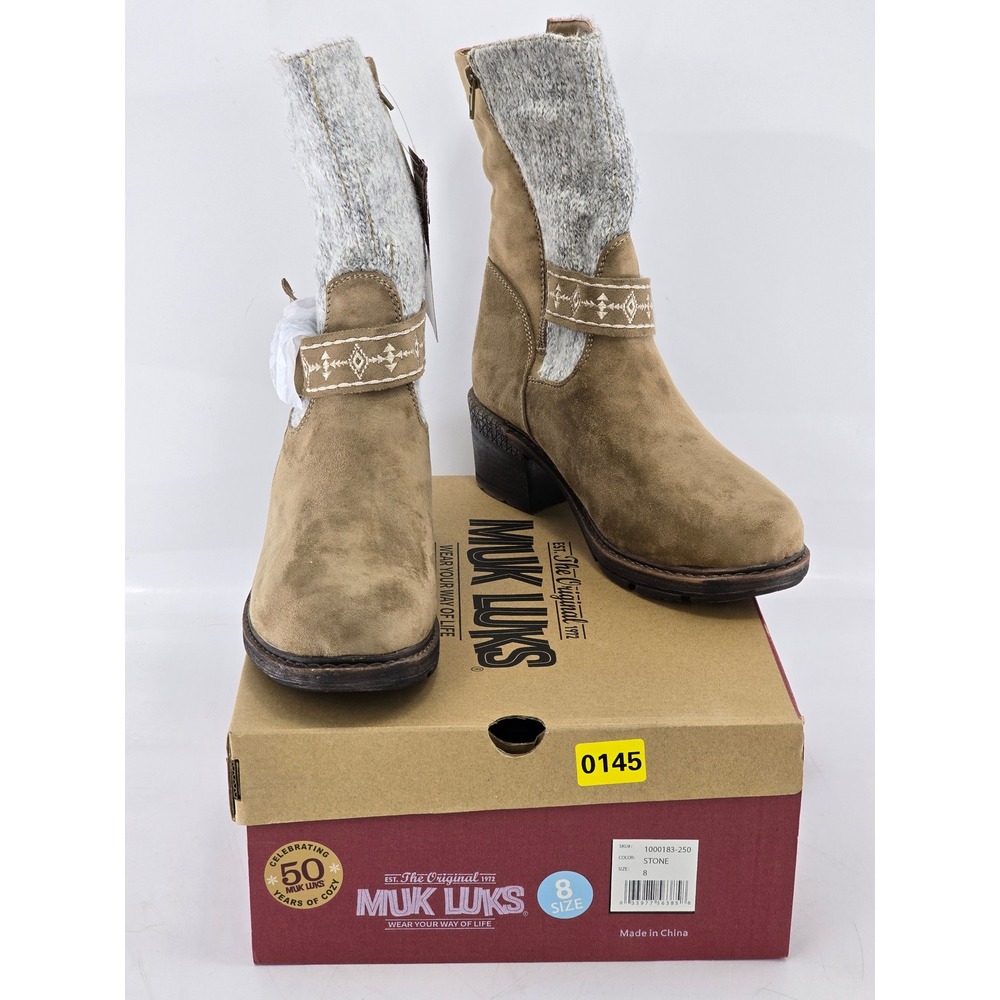 Muk Luks Clementine Boots Women Size 8 Stone Faux Suede Knit Cuff - New